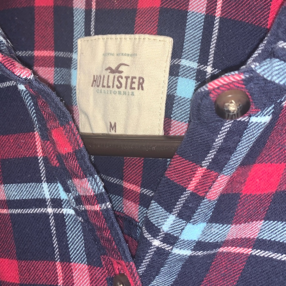 Hollister Red Blue White Flannel Plaid Button Down Long Sleeve Shirt, medium